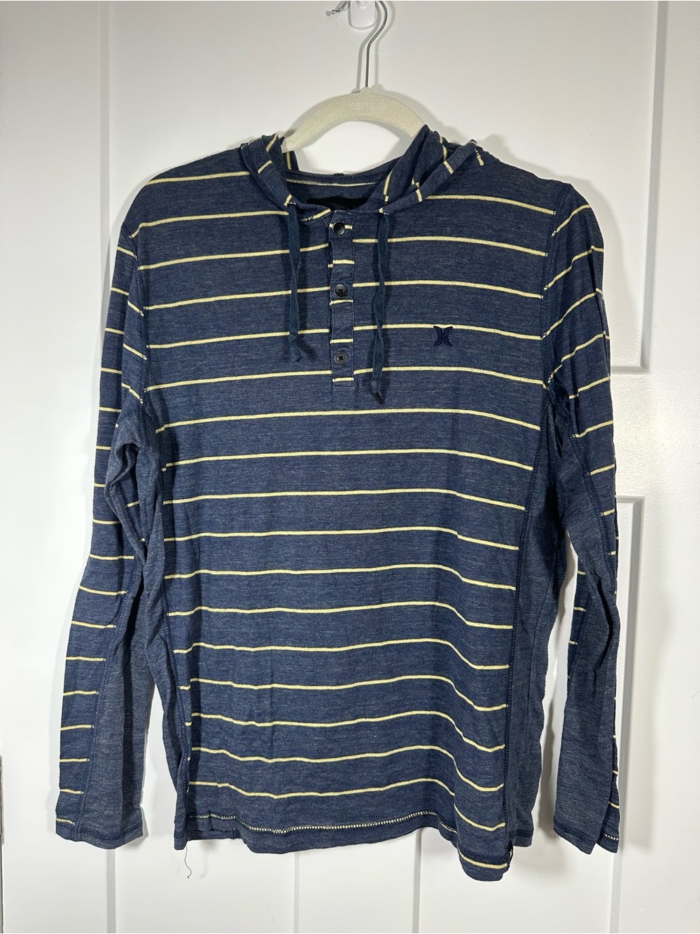 Hurley Navy and Yellow Striped Long-Sleeve Hooded Henley